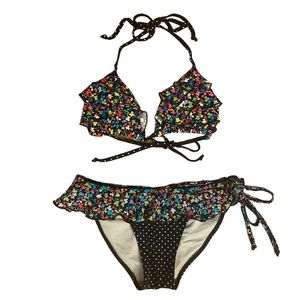 Vintage Delia’s Ruffle Floral Polka Dot String Bikini Black Neon Y2K Size S Xs